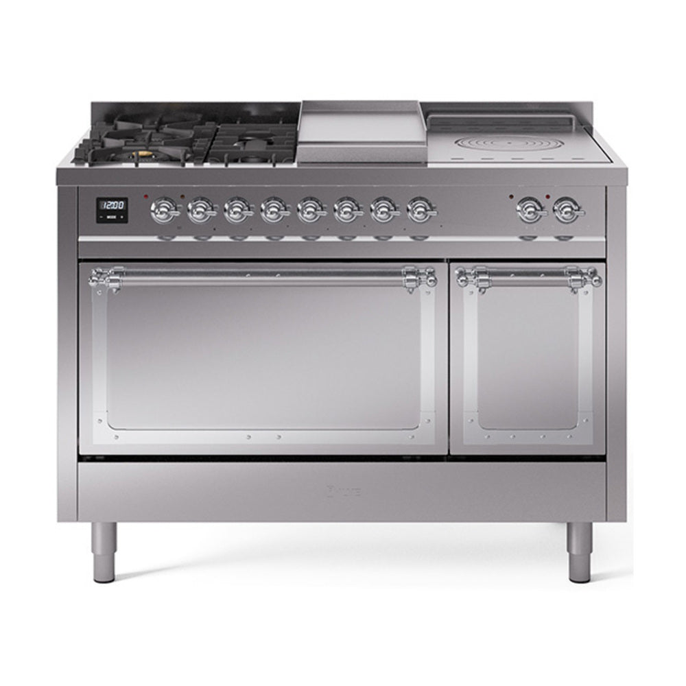 ILVE Nostalgie II Noblesse 48-Inch NG Dual Fuel Range, 5 Burners, Griddle, French Top, Solid Door, Stainless Steel with Chrome Trim (UN48FSQNMPSSC)