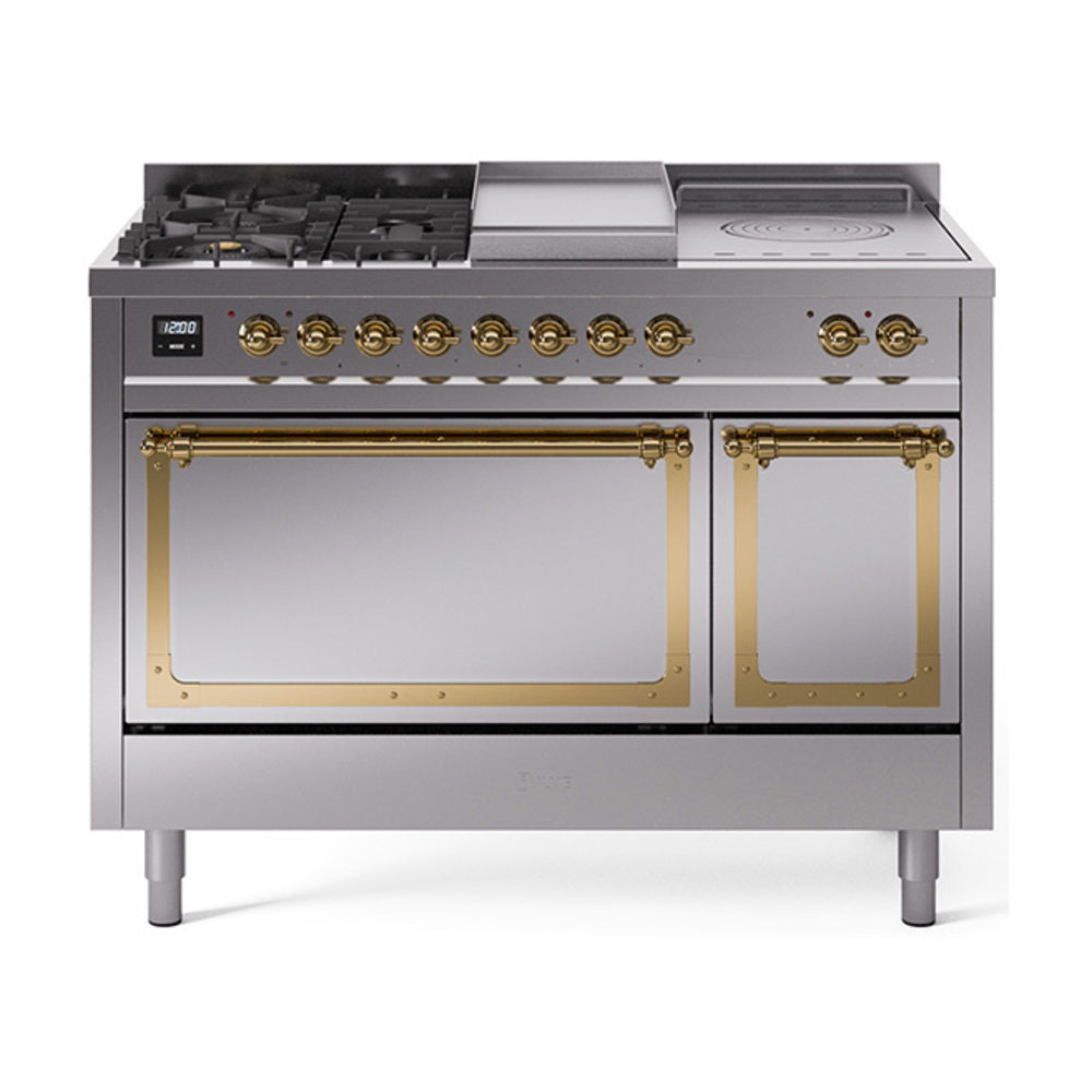ILVE Nostalgie II Noblesse 48-Inch NG Dual Fuel Range, 5 Burners, Griddle, French Top, Solid Door, Stainless Steel with Brass Trim (UN48FSQNMPSSG)