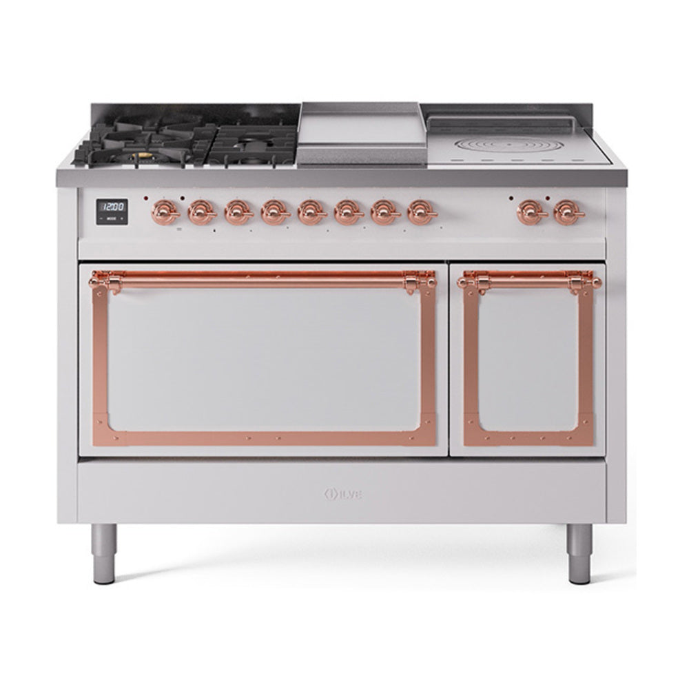 ILVE Nostalgie II Noblesse 48-Inch LP Dual Fuel Range, 5 Burners, Griddle, French Top, White with Copper Trim (UN48FSQNMPWHPLP)