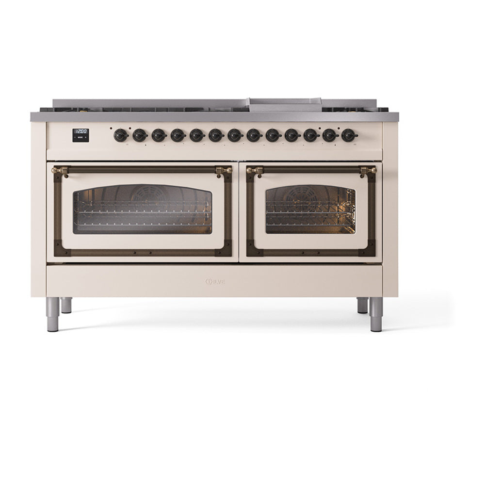 ILVE Nostalgie II Noblesse 60-Inch Propane Dual Fuel Range, 9 Burners, Triple Glass Door Oven, Antique White with Bronze Trim (UN60FNMPAWBLP)