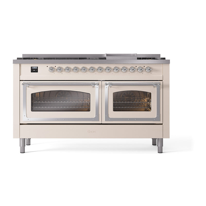 ILVE Nostalgie II Noblesse 60-Inch Natural Gas Dual Fuel Range, Antique White with Chrome Trim (UN60FNMPAWC)