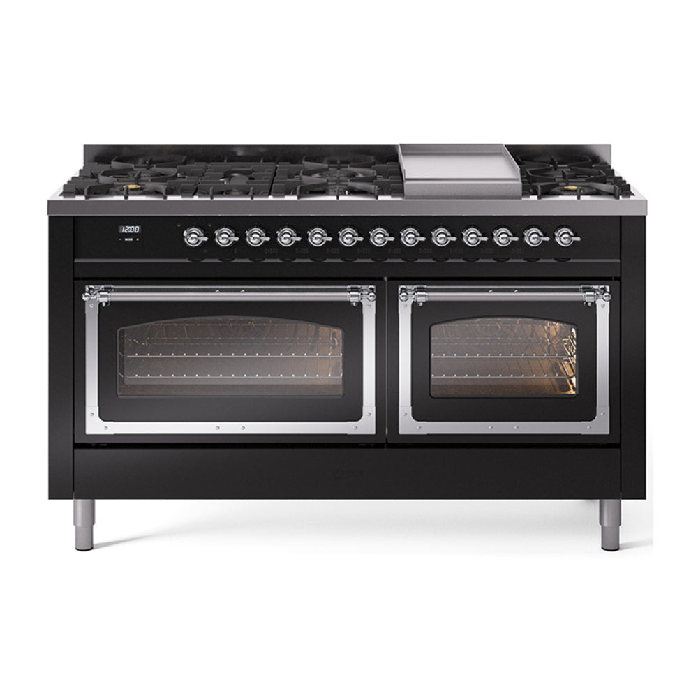 ILVE Nostalgie II Noblesse 60-Inch Natural Gas Dual Fuel Range, Glossy Black with Chrome Trim (UN60FNMPBKC)