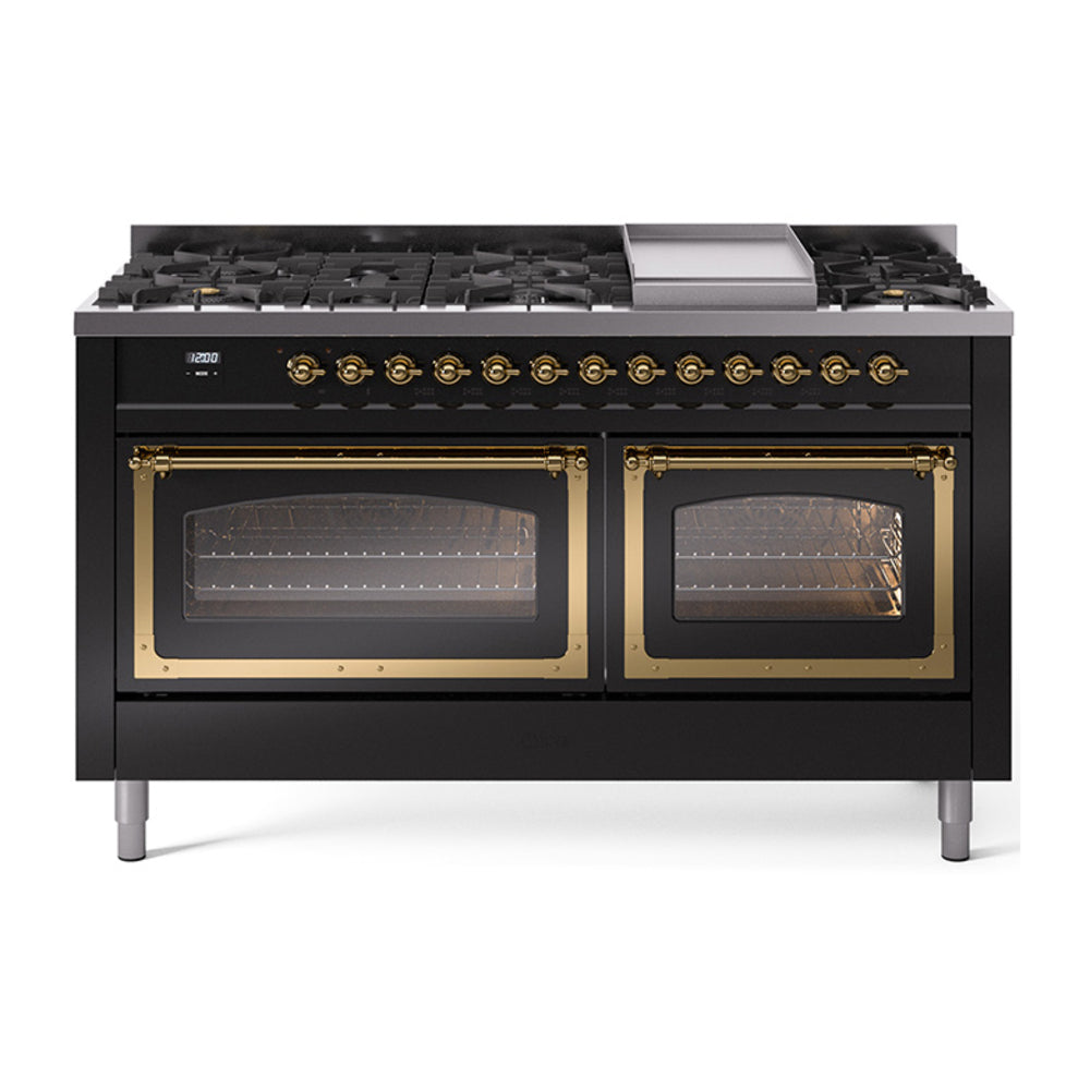 ILVE Nostalgie II Noblesse 60-Inch Natural Gas Dual Fuel Range, Glossy Black with Brass Trim (UN60FNMPBKG)