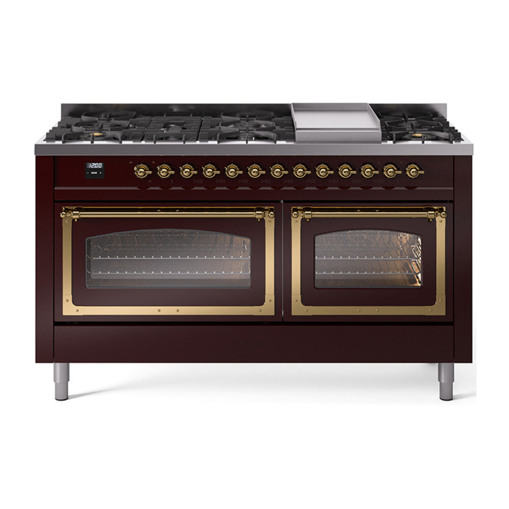 ILVE Nostalgie II Noblesse 60-Inch Natural Gas Dual Fuel Range, Burgundy with Brass Trim (UN60FNMPBUG)