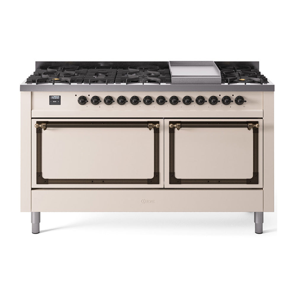 ILVE Nostalgie II Noblesse 60-Inch Propane Dual Fuel Range, 9 Burners, Solid Door Oven, Antique White with Bronze Trim (UN60FQNMPAWBLP)