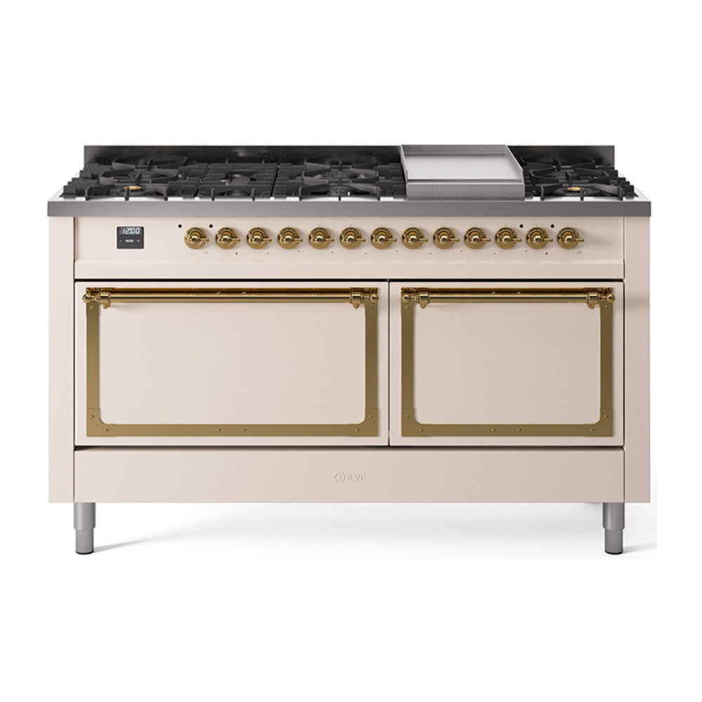 ILVE Nostalgie II Noblesse 60-Inch Natural Gas Dual Fuel Range, 9 Burners, Solid Door, Antique White with Brass Trim (UN60FQNMPAWG)