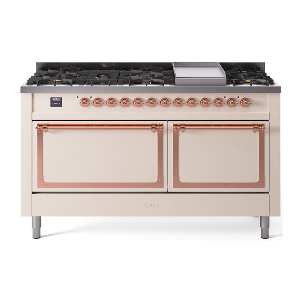 ILVE Nostalgie II Noblesse 60-Inch Natural Gas Dual Fuel Range, 9 Burners, Solid Door, Antique White with Copper Trim (UN60FQNMPAWP)