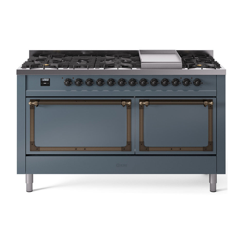 ILVE Nostalgie II Noblesse 60-Inch Natural Gas Dual Fuel Range, 9 Burners, Solid Door Oven, Blue Grey with Bronze Trim (UN60FQNMPBGB)
