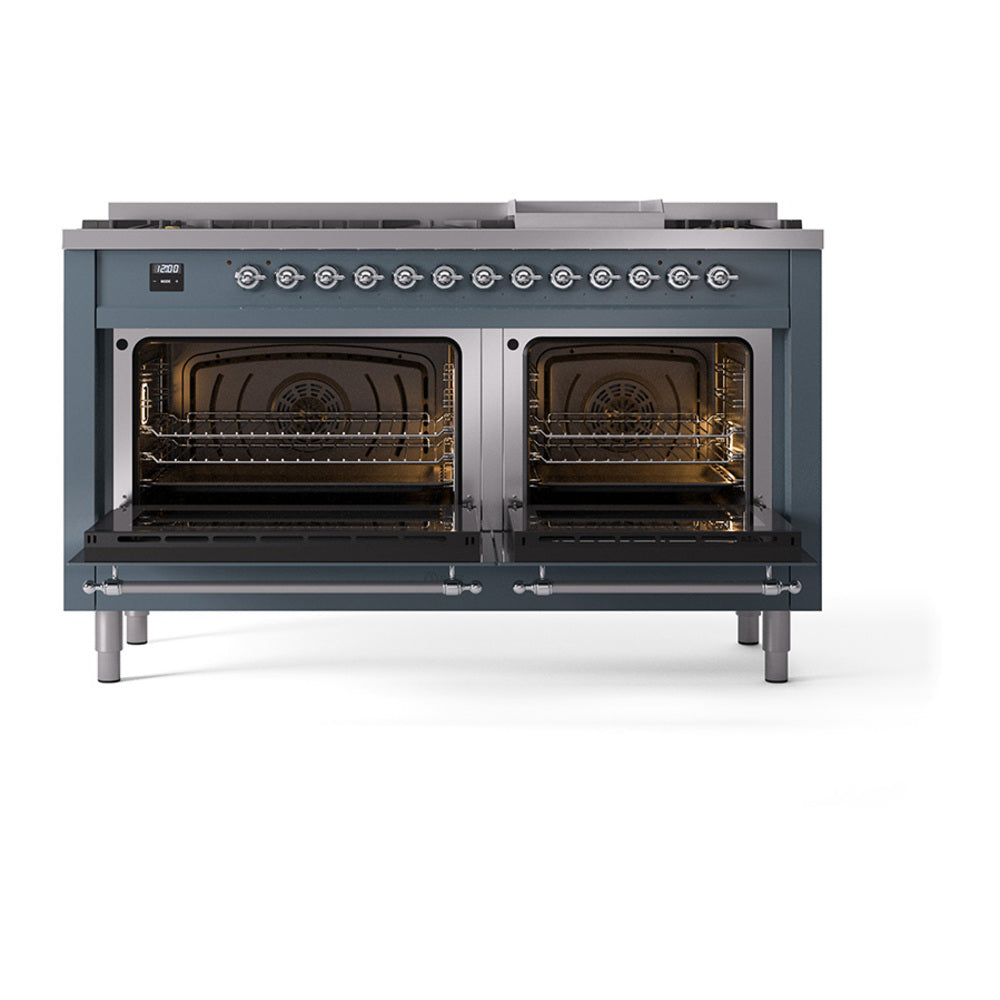 ILVE Nostalgie II Noblesse 60-Inch Propane Dual Fuel Range, 9 Burners, Solid Door Oven, Blue Grey with Chrome Trim (UN60FQNMPBGCLP)
