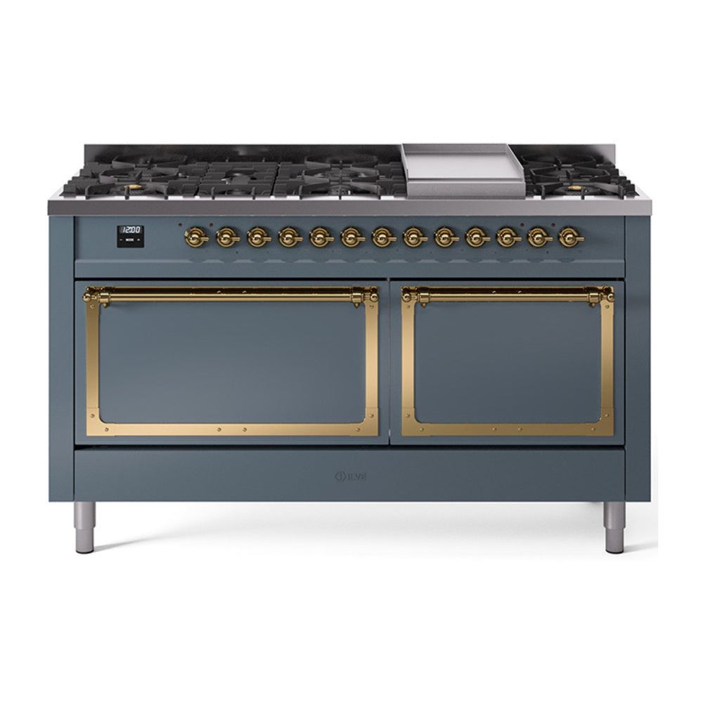 ILVE Nostalgie II Noblesse 60-Inch Natural Gas Dual Fuel Range, 9 Burners, Solid Door Oven, Blue Grey with Brass Trim (UN60FQNMPBGG)