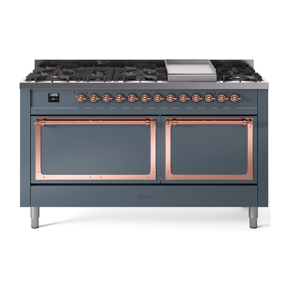 ILVE Nostalgie II Noblesse 60-Inch Natural Gas Dual Fuel Range, 9 Burners, Solid Door Oven, Blue Grey with Copper Trim (UN60FQNMPBGP)