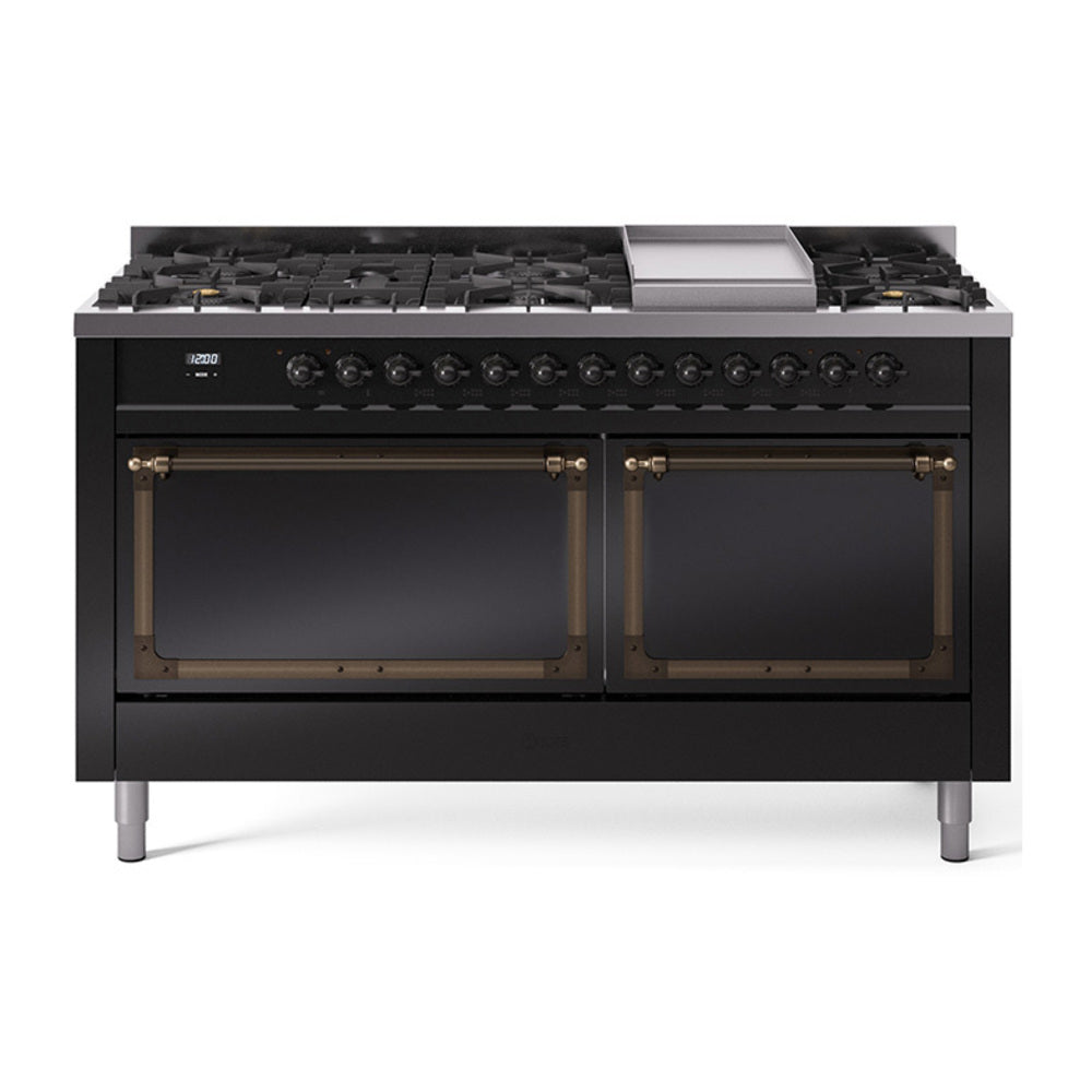 ILVE Nostalgie II Noblesse 60-Inch Propane Dual Fuel Range, 9 Burners, Solid Door Oven, Glossy Black with Bronze Trim (UN60FQNMPBKBLP)