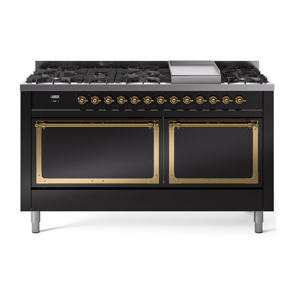 ILVE Nostalgie II Noblesse 60-Inch Natural Gas Dual Fuel Range, 9 Burners, Solid Door Oven, Glossy Black with Brass Trim (UN60FQNMPBKG)