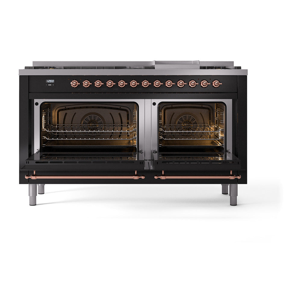 ILVE Nostalgie II Noblesse 60-Inch Propane Dual Fuel Range, 9 Burners, Solid Door Oven, Glossy Black with Copper Trim (UN60FQNMPBKPLP)