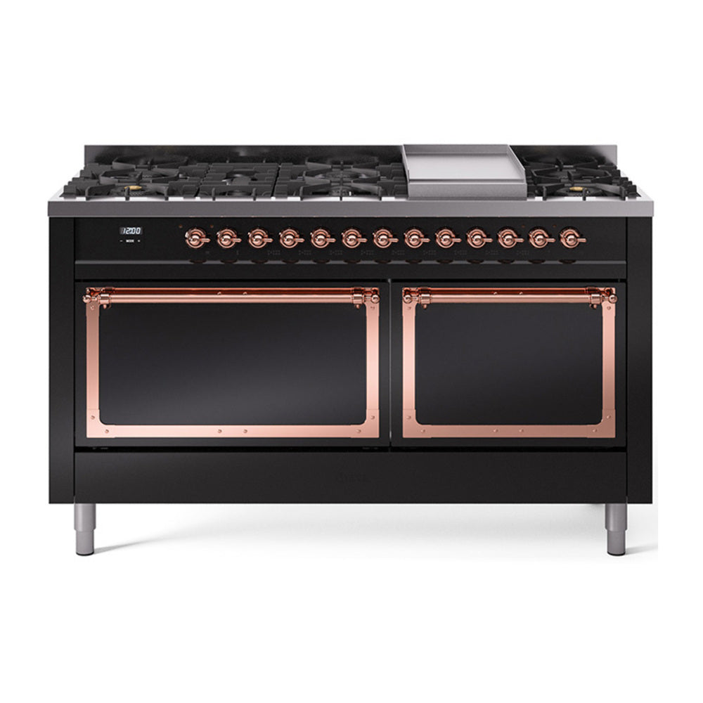 ILVE Nostalgie II Noblesse 60-Inch Propane Dual Fuel Range, 9 Burners, Solid Door Oven, Glossy Black with Copper Trim (UN60FQNMPBKPLP)