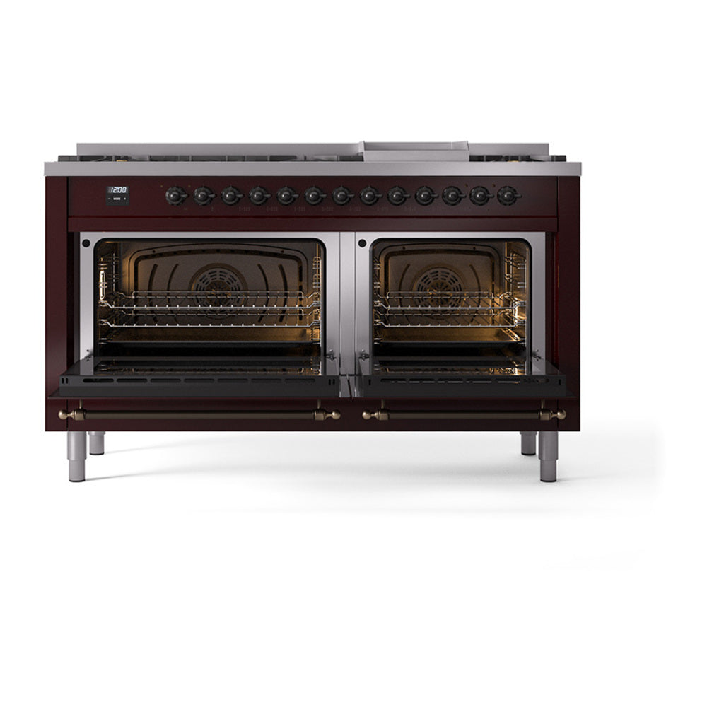 ILVE Nostalgie II Noblesse 60-Inch Propane Dual Fuel Range, 9 Burners, Solid Door Oven, Burgundy with Bronze Trim (UN60FQNMPBUBLP)
