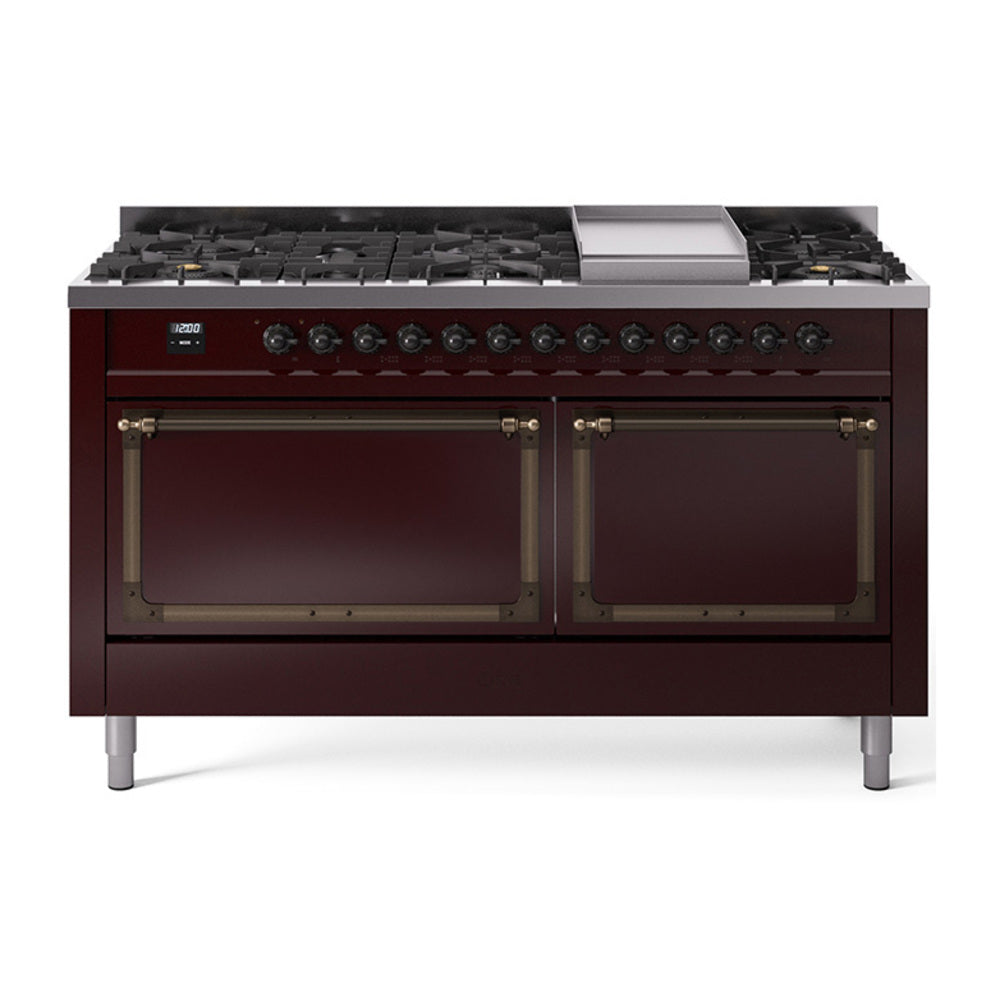 ILVE Nostalgie II Noblesse 60-Inch Natural Gas Dual Fuel Range, 9 Burners, Solid Door Oven, Burgundy with Bronze Trim (UN60FQNMPBUB)