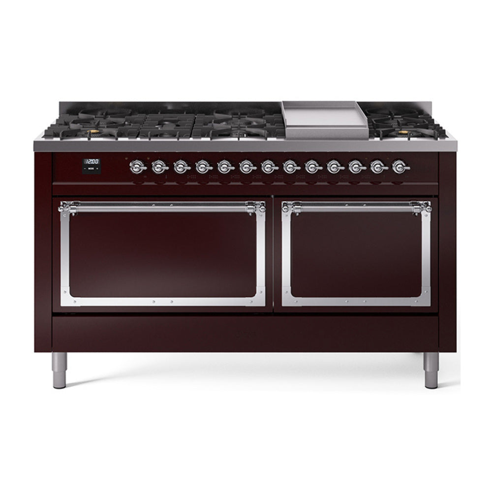 ILVE Nostalgie II Noblesse 60-Inch Propane Dual Fuel Range, 9 Burners, Solid Door Oven, Burgundy with Chrome Trim (UN60FQNMPBUCLP)