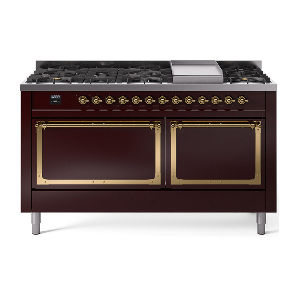 ILVE Nostalgie II Noblesse 60-Inch Natural Gas Dual Fuel Range, 9 Burners, Solid Door Oven, Burgundy with Brass Trim (UN60FQNMPBUG)