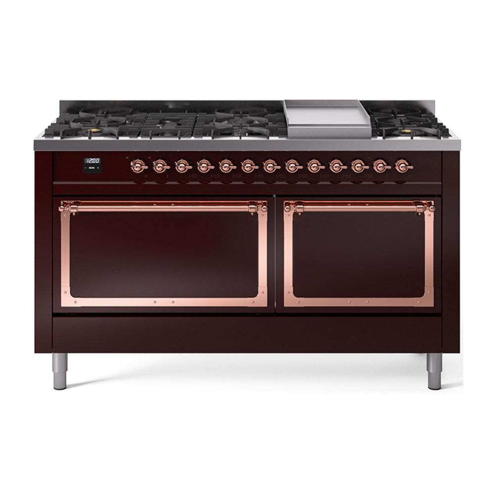 ILVE Nostalgie II Noblesse 60-Inch Propane Dual Fuel Range, 9 Burners, Solid Door Oven, Burgundy with Copper Trim (UN60FQNMPBUPLP)