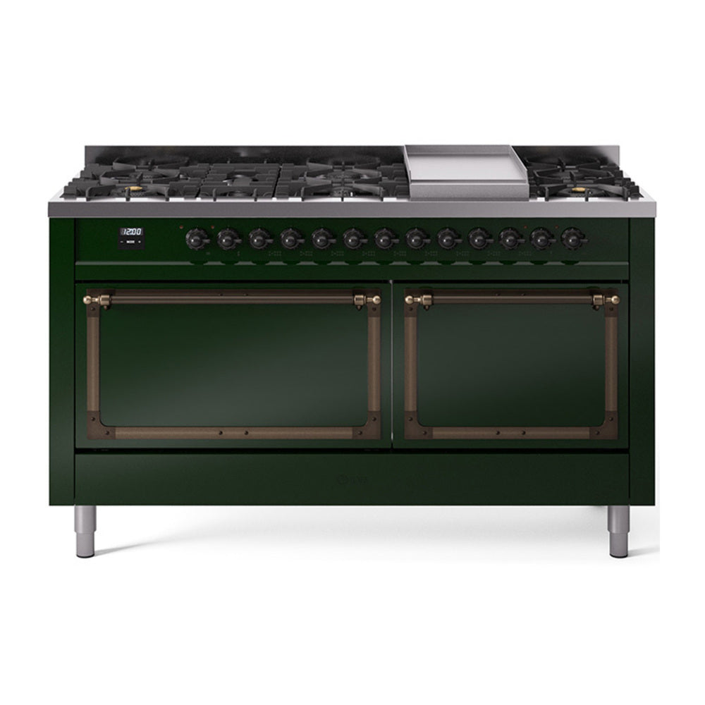 ILVE Nostalgie II Noblesse 60-Inch Propane Dual Fuel Range, 9 Burners, Solid Door Oven, Emerald Green with Bronze Trim (UN60FQNMPEGBLP)