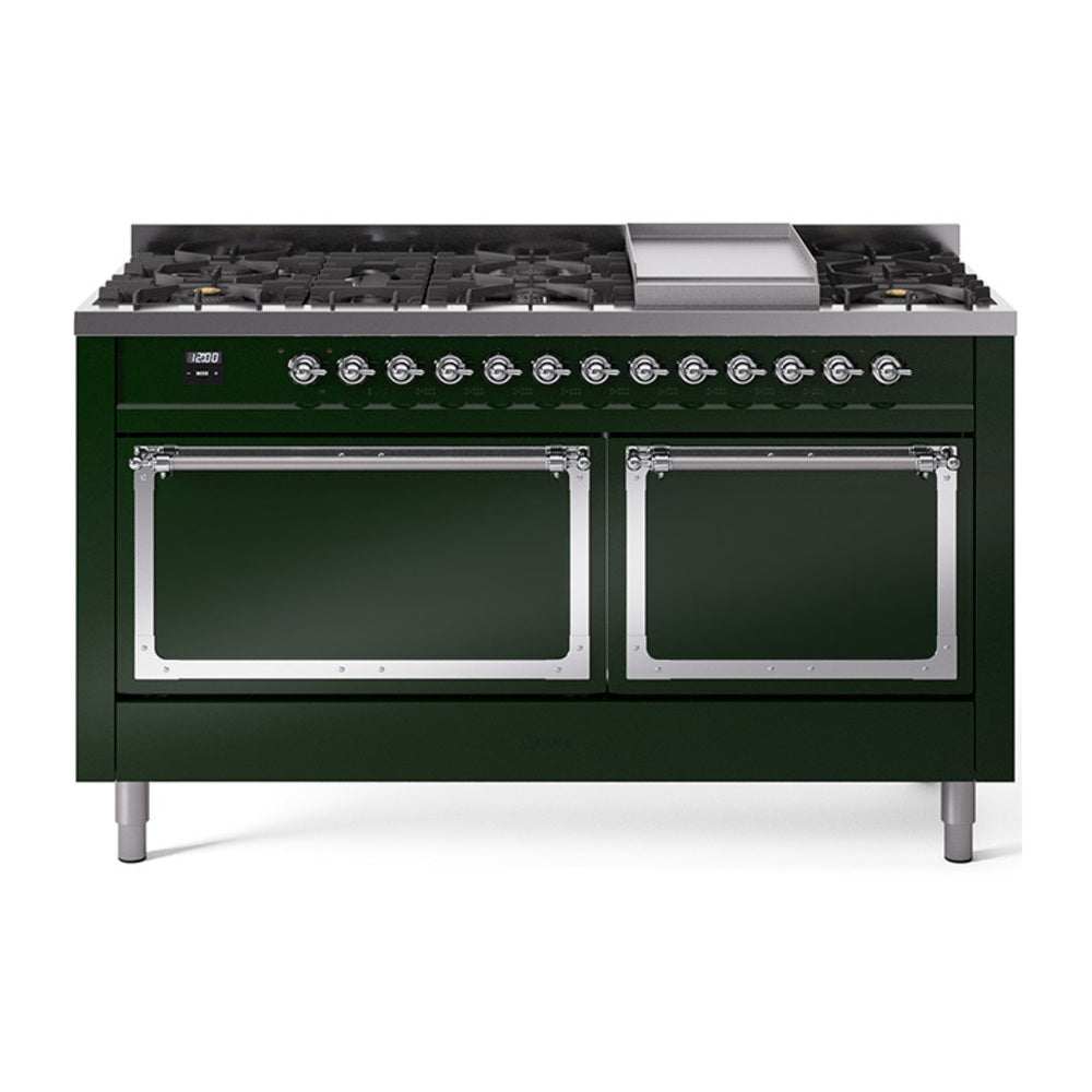 ILVE Nostalgie II Noblesse 60-Inch Propane Dual Fuel Range, 9 Burners, Solid Door Oven, Emerald Green with Chrome Trim (UN60FQNMPEGCLP)