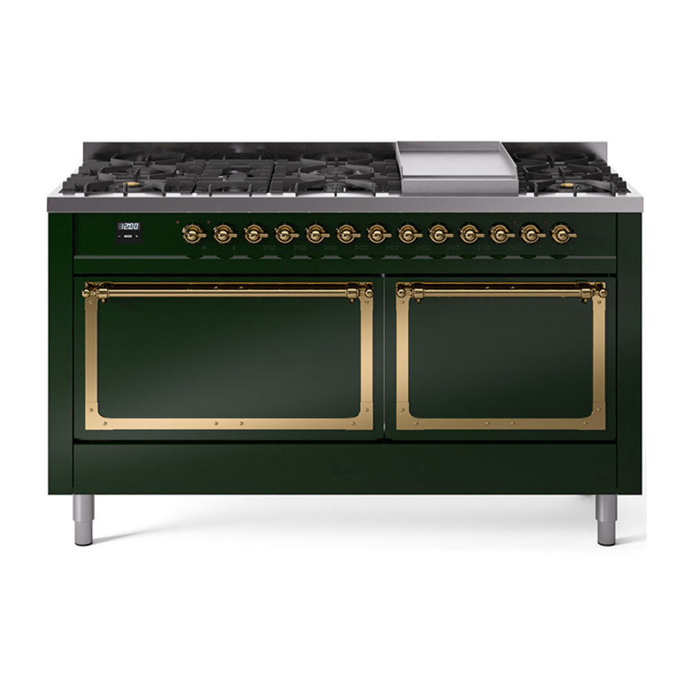 ILVE Nostalgie II Noblesse 60-Inch Natural Gas Dual Fuel Range, 9 Burners, Solid Door Oven, Emerald Green with Brass Trim (UN60FQNMPEGG)