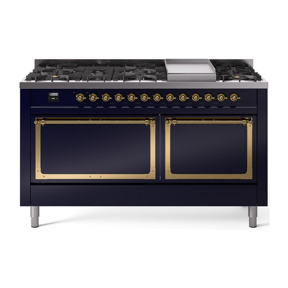 ILVE Nostalgie II Noblesse 60-Inch Propane Dual Fuel Range, 9 Burners, Solid Door Oven, Midnight Blue with Brass Trim (UN60FQNMPMBGLP)