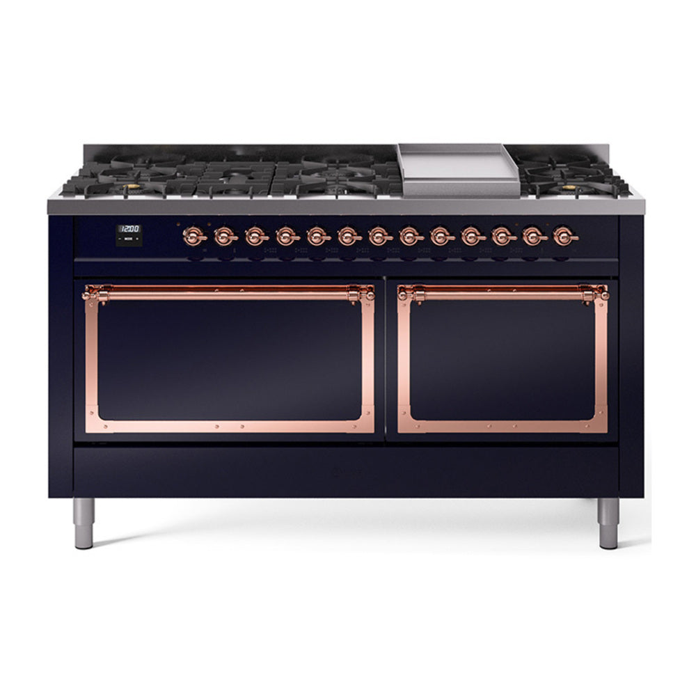ILVE Nostalgie II Noblesse 60-Inch Propane Dual Fuel Range, 9 Burners, Solid Door Oven, Midnight Blue with Copper Trim (UN60FQNMPMBPLP)