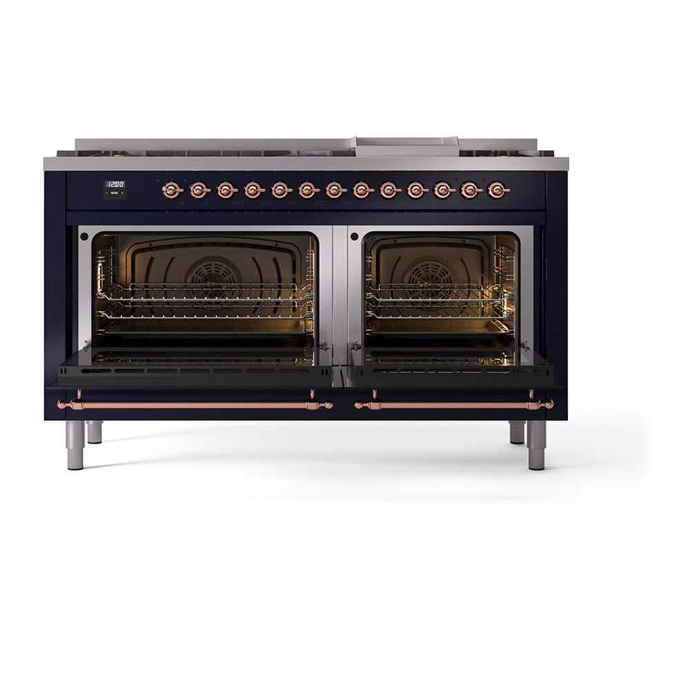 ILVE Nostalgie II Noblesse 60-Inch Propane Dual Fuel Range, 9 Burners, Solid Door Oven, Midnight Blue with Copper Trim (UN60FQNMPMBPLP)