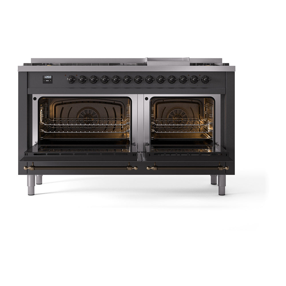 ILVE Nostalgie II Noblesse 60-Inch Propane Dual Fuel Range, 9 Burners, Solid Door Oven, Matte Graphite with Bronze Trim (UN60FQNMPMGBLP)