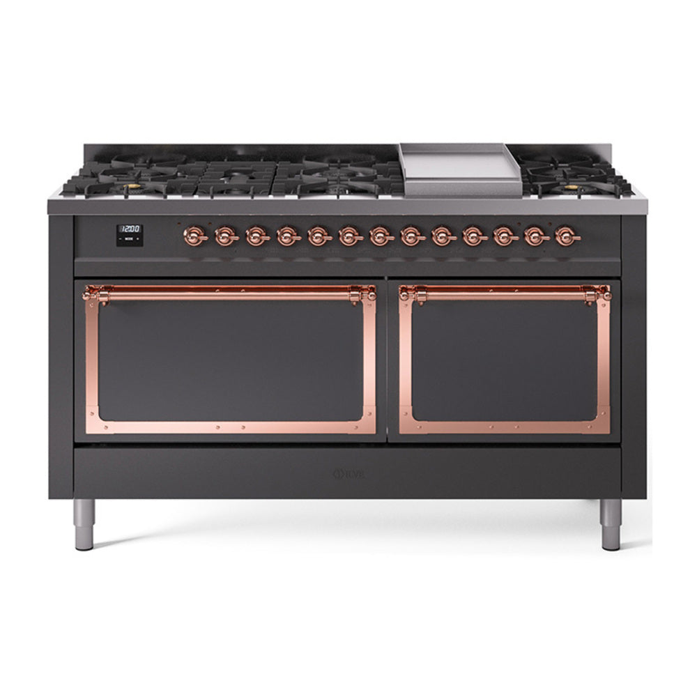 ILVE Nostalgie II Noblesse 60-Inch Dual Fuel Range, 9 Burners, Griddle, Solid Door, Matte Graphite with Copper Trim (UN60FQNMPMGP)