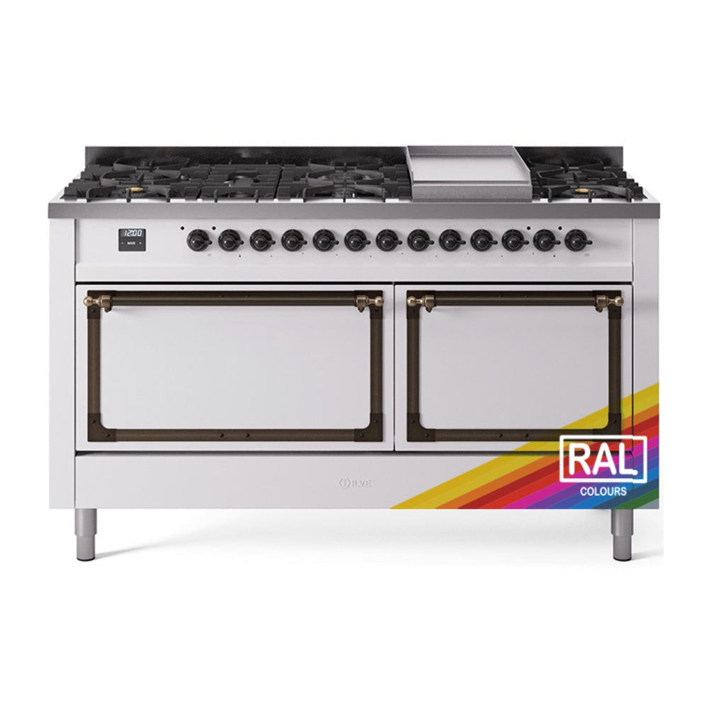 ILVE Nostalgie II Noblesse 60-Inch Natural Gas Dual Fuel Range, 9 Burners, Solid Door Oven, Custom RAL with Bronze Trim (UN60FQNMPRAB)