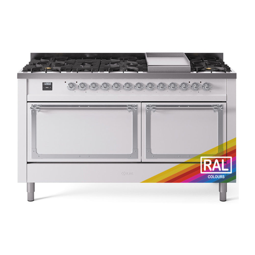 ILVE Nostalgie II Noblesse 60-Inch Propane Dual Fuel Range, 9 Burners, Solid Door Oven, Custom RAL with Chrome Trim (UN60FQNMPRACLP)