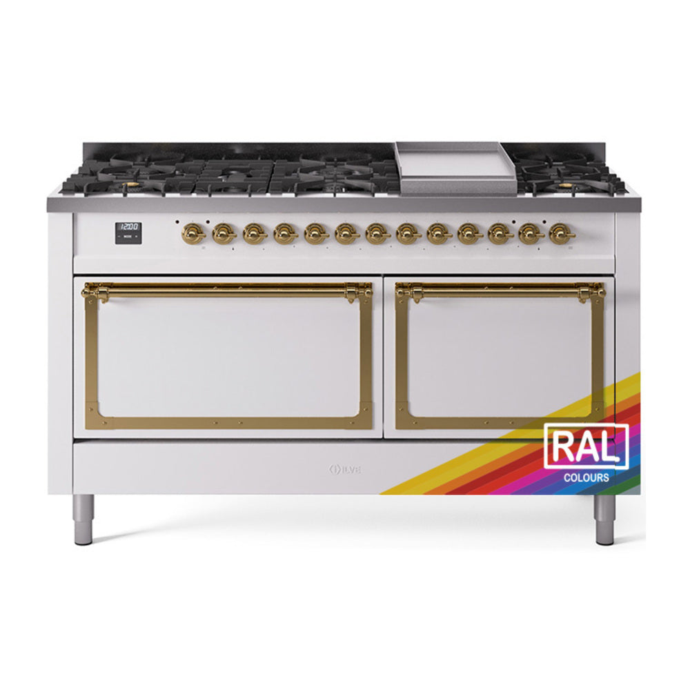 ILVE Nostalgie II Noblesse 60-Inch Propane Dual Fuel Range, 9 Burners, Solid Door Oven, RAL with Brass Trim (UN60FQNMPRAGLP)