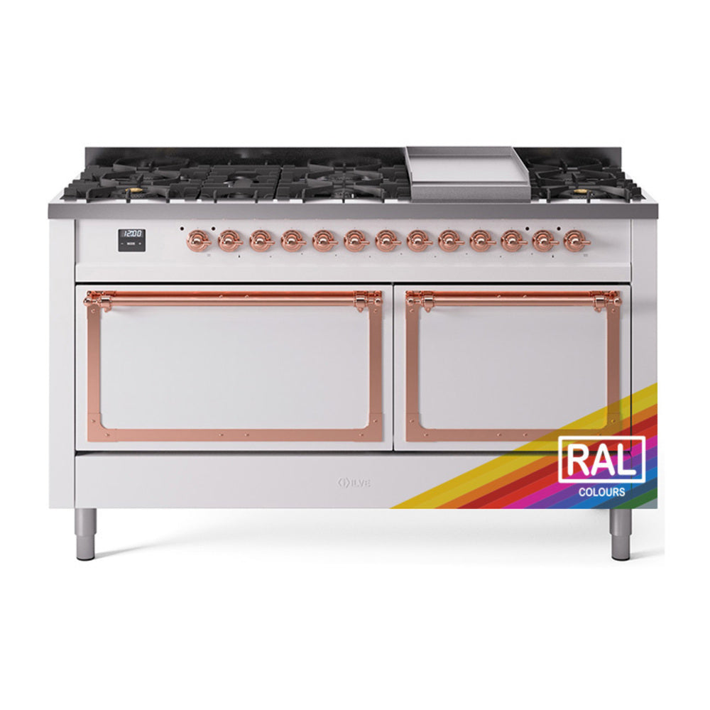 ILVE Nostalgie II Noblesse 60-Inch Natural Gas Dual Fuel Range, 9 Burners, Solid Door Oven, Custom RAL with Copper Trim (UN60FQNMPRAP)