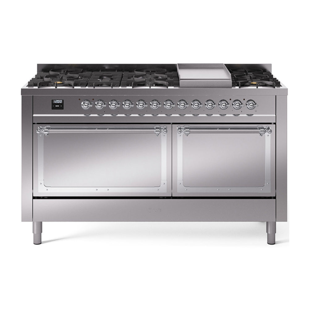 ILVE Nostalgie II Noblesse 60-Inch Propane Dual Fuel Range, 9 Burners, Solid Door Oven, Stainless Steel with Chrome Trim (UN60FQNMPSSCLP)