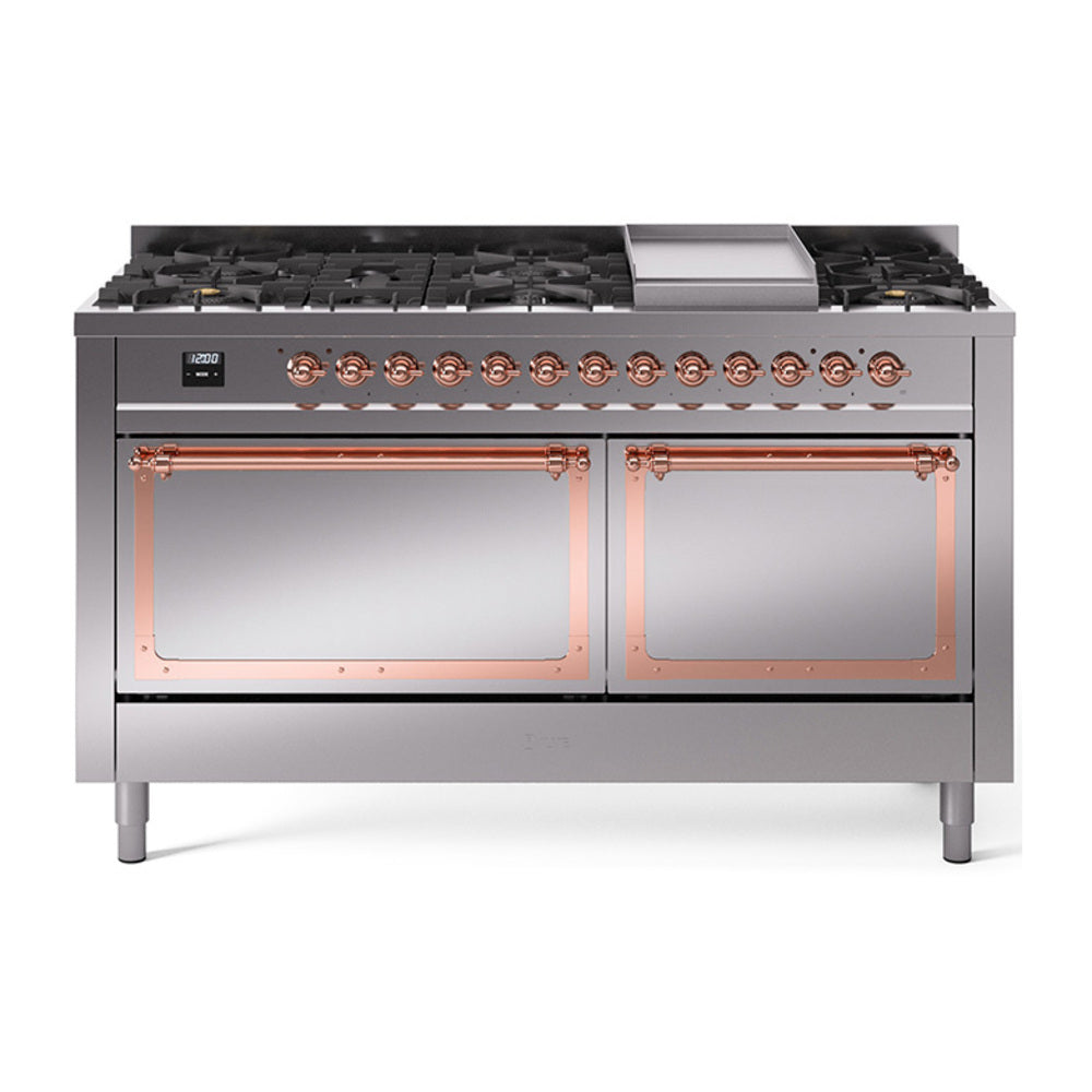ILVE Nostalgie II Noblesse 60-Inch Natural Gas Dual Fuel Range, 9 Burners, Solid Door Oven, Stainless Steel with Copper Trim (UN60FQNMPSSP)
