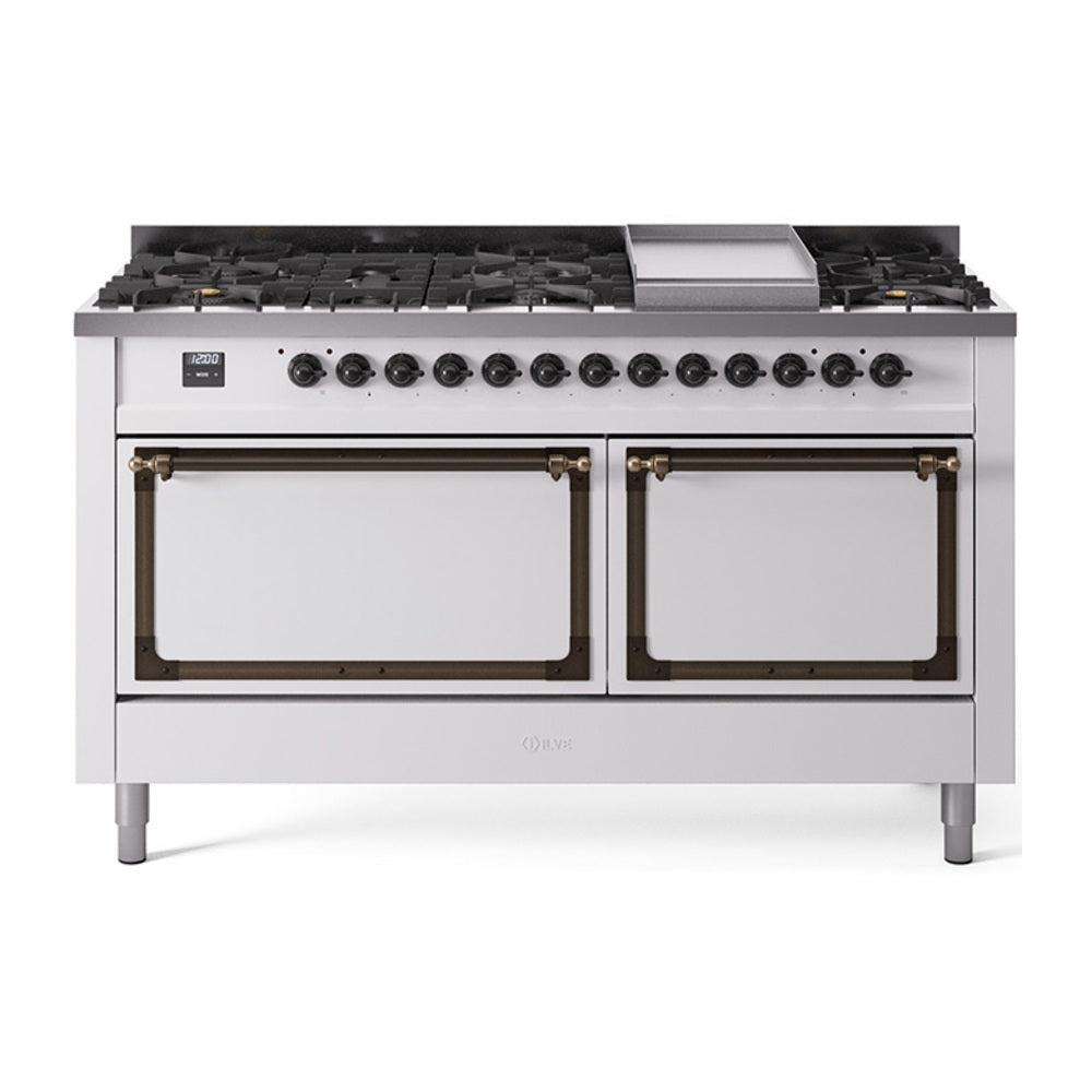 ILVE Nostalgie II Noblesse 60-Inch Natural Gas Dual Fuel Range, 9 Burners, Solid Door Oven, White with Bronze Trim (UN60FQNMPWHB)