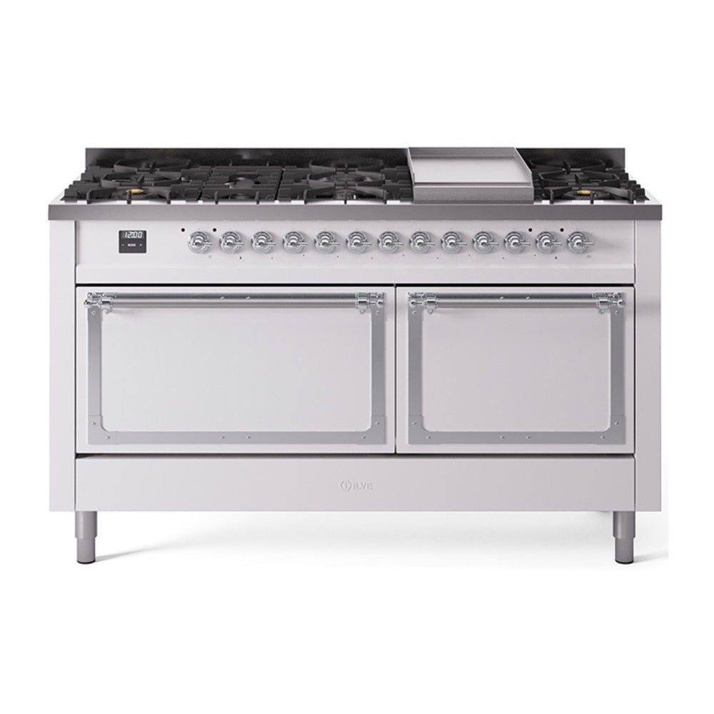 ILVE Nostalgie II Noblesse 60-Inch Natural Gas Dual Fuel Range, 9 Burners, Solid Door Oven, White with Chrome Trim (UN60FQNMPWHC)