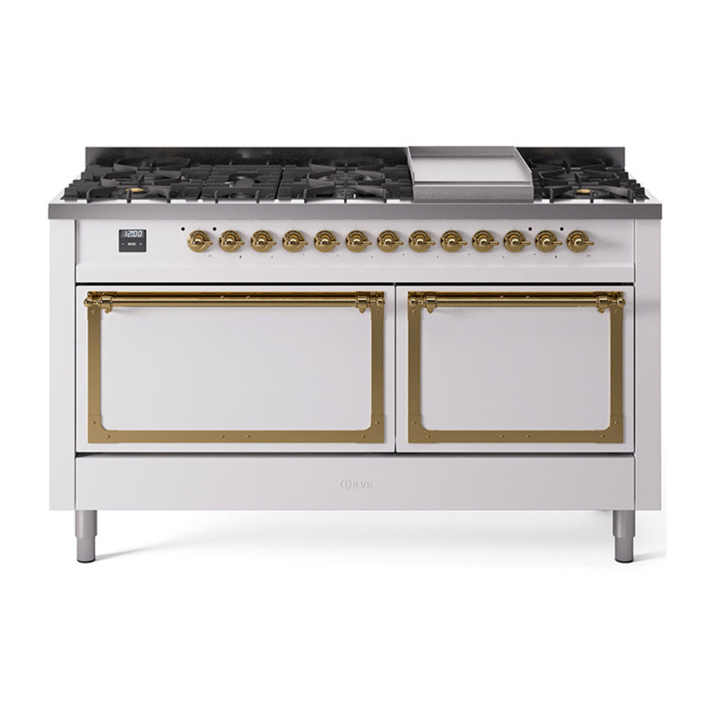 ILVE Nostalgie II Noblesse 60-Inch Natural Gas Dual Fuel Range, 9 Burners, Solid Door Oven, White with Brass Trim (UN60FQNMPWHG)