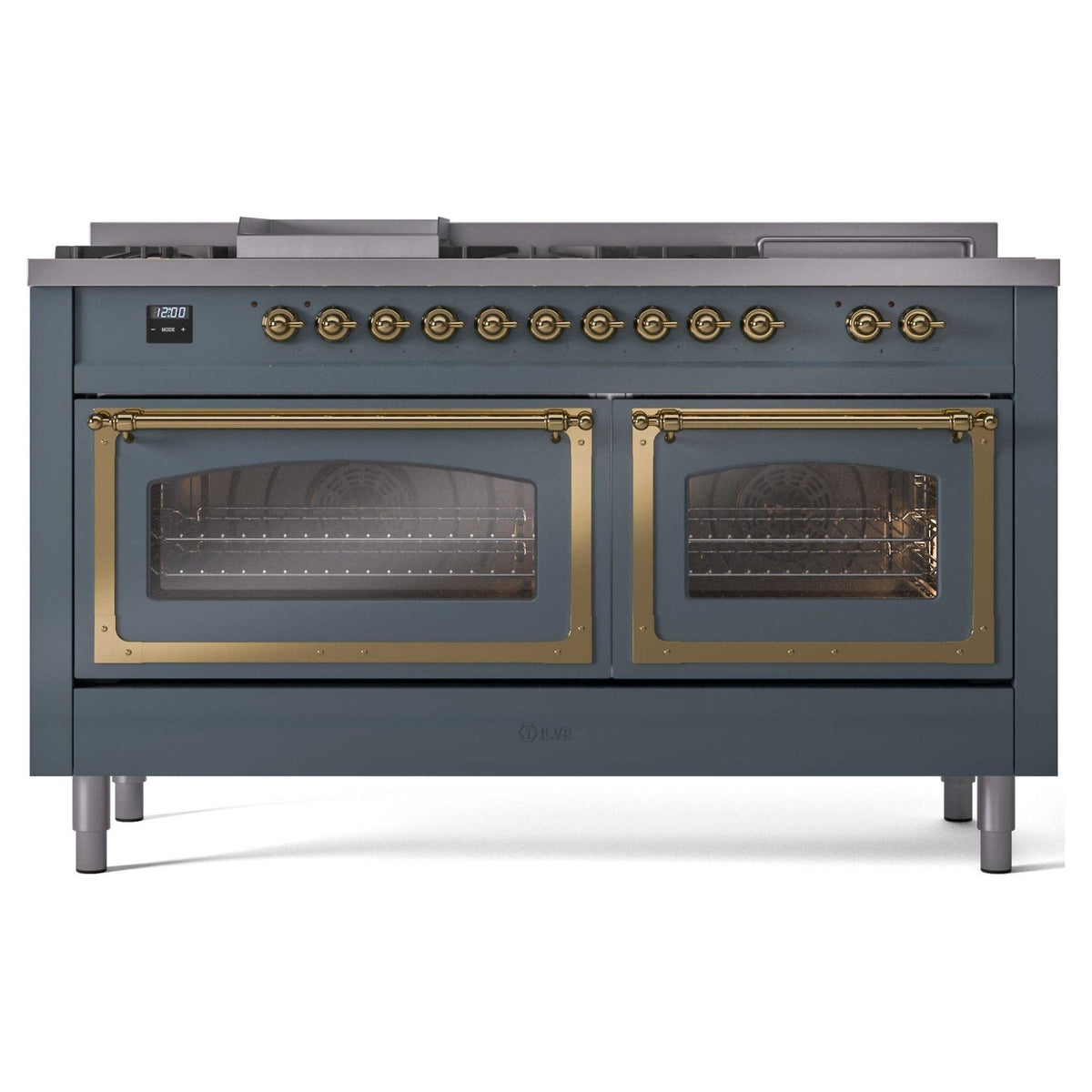 ILVE Nostalgie II Noblesse 60-Inch Natural Gas Dual Fuel Range, 7 Burners, Griddle, French Top, Blue Grey with Brass Trim (UN60FSNMPBGG)