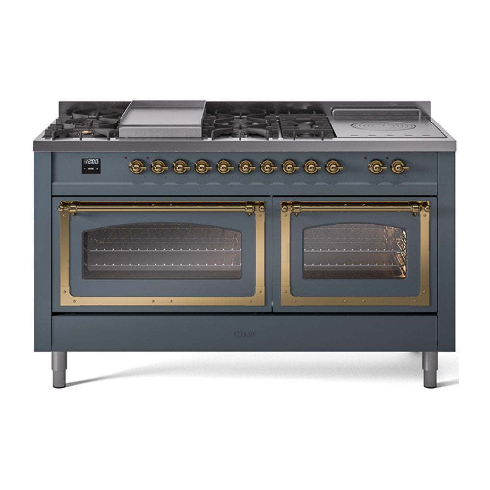 ILVE Nostalgie II Noblesse 60-Inch Natural Gas Dual Fuel Range, 7 Burners, Griddle, French Top, Blue Grey with Brass Trim (UN60FSNMPBGG)