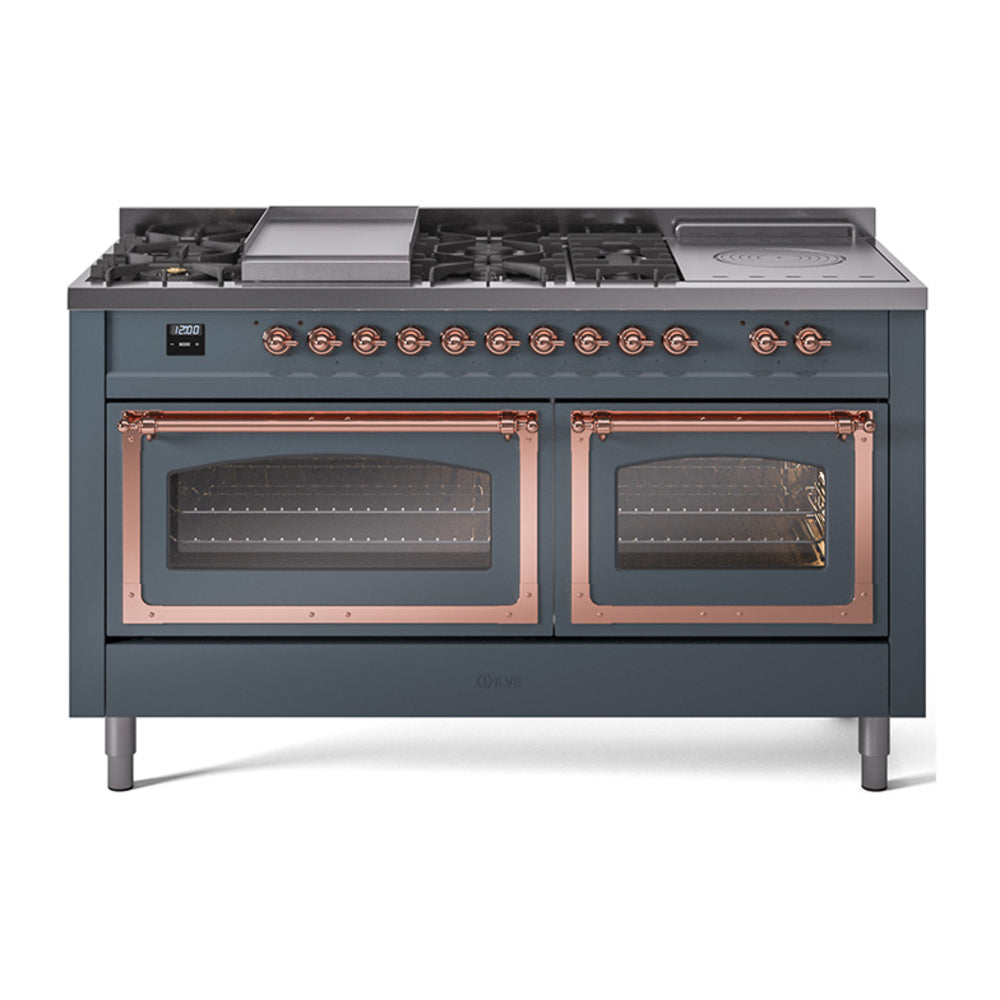 ILVE Nostalgie II Noblesse 60-Inch Propane Dual Fuel Range, 7 Burners, French Top, Blue Grey with Copper Trim (UN60FSNMPBGPLP)