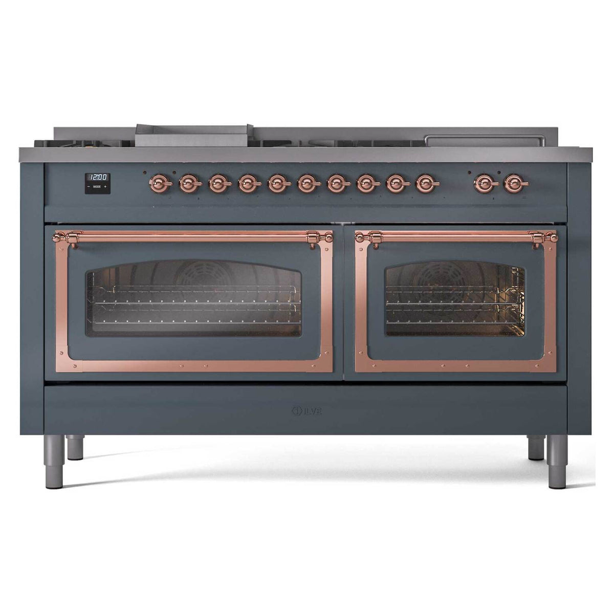 ILVE Nostalgie II Noblesse 60-Inch Propane Dual Fuel Range, 7 Burners, French Top, Blue Grey with Copper Trim (UN60FSNMPBGPLP)