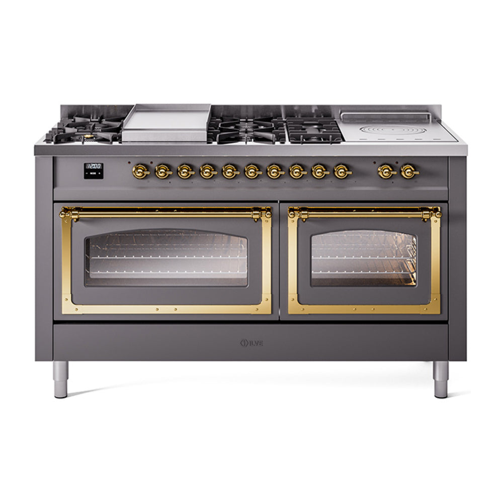 ILVE Nostalgie II Noblesse 60-Inch Propane Gas Dual Fuel Range with 7 Burners, Griddle, & French Top with Triple Glass Door Oven in Matte Graphite with Brass Trim (UN60FSNMPMGGLP)