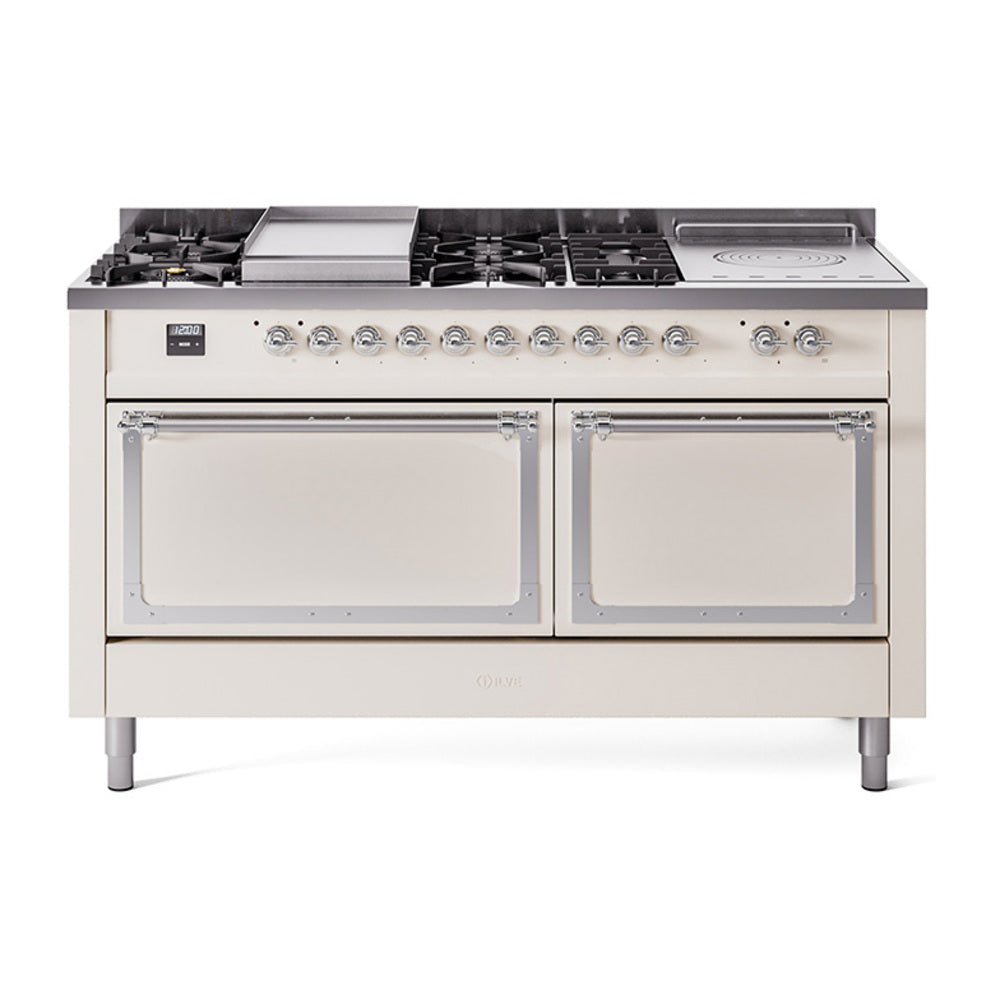 ILVE Nostalgie II Noblesse 60-Inch Propane Dual Fuel Range, 7 Burners, French Top, Antique White with Chrome Trim (UN60FSQNMPAWCLP)