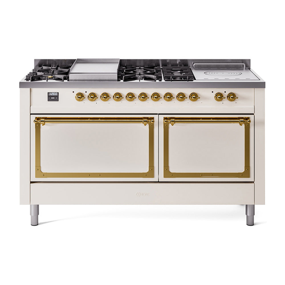 ILVE Nostalgie II Noblesse 60-Inch Propane Dual Fuel Range, 7 Burners, French Top, Antique White with Brass Trim (UN60FSQNMPAWGLP)