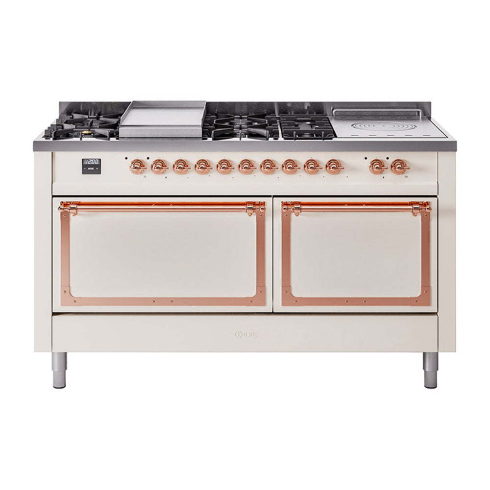 ILVE Nostalgie II Noblesse 60-Inch Propane Dual Fuel Range, 7 Burners, French Top, Antique White with Copper Trim (UN60FSQNMPAWPLP)