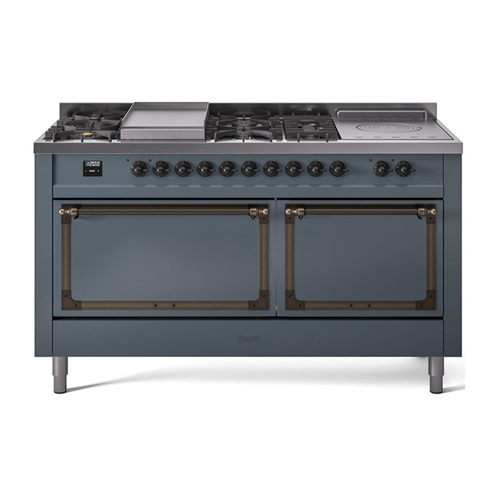 ILVE Nostalgie II Noblesse 60-Inch Propane Dual Fuel Range, 7 Burners, French Top, Blue Grey with Burnished Bronze Trim (UN60FSQNMPBGBLP)